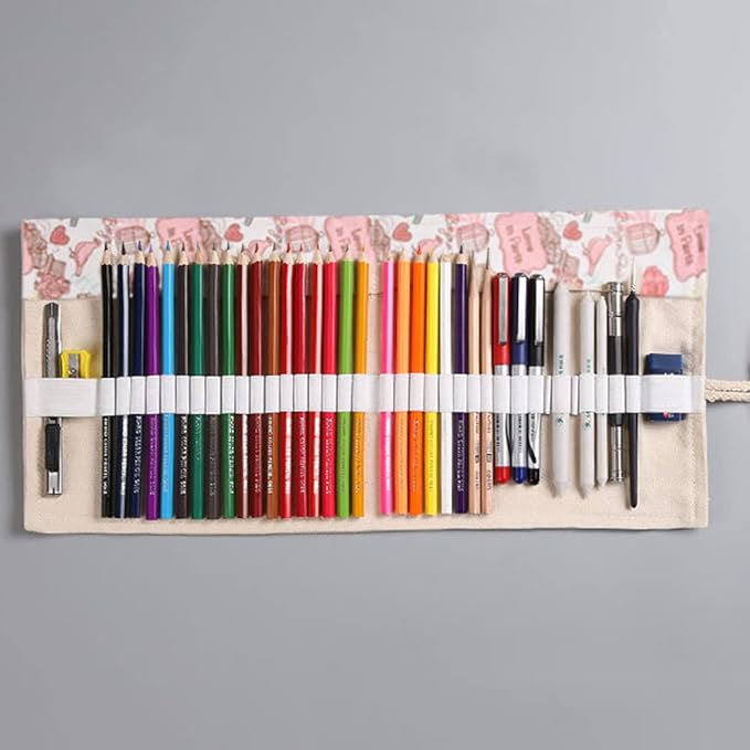 DIYOMR 24/36/72 Slots Pencil Wrap Pencil Rolls, Artist Colored Pencils Roll Up Bag Short Brushes Pouch Case Pencils Organizer for Drawing Coloring and Sketching (Paris Tower, 72slots)