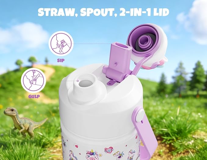 POWCAN Kids Water Bottle for School: 2-in-1 Straw Spout Lid with Soft Animal Head, Leakproof, Backpack Friendly, Keep Cold 24H, Insulated cup for Sports, Trip, Holiday Gift, Unicorn Starland 18 Ounces