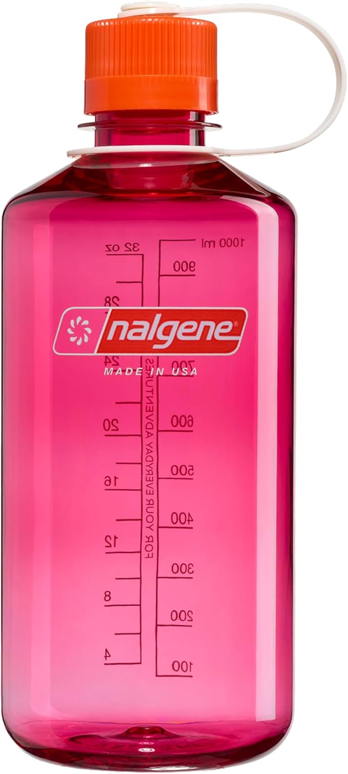 Nalgene 32 oz Narrow Mouth Water Bottle | BPA-Free, Durable & Leak Proof, Lightweight for Hiking & Gym – Thrill & Motion, Fuschia Purple w/Flame
