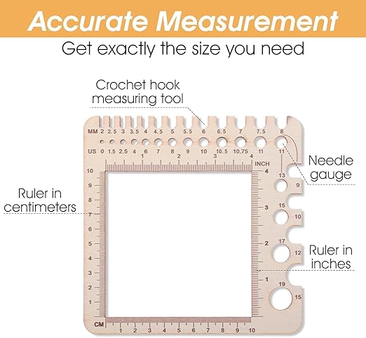 Wooden Rulers, Crochet Stitch Counter Spinner Yarn Measure Needle Gauge Ruler for Knitting Crochet Gauge Measuring Tool Crochet Tools Poplar Square Measuring Tool Multi-Size Holes for Needles
