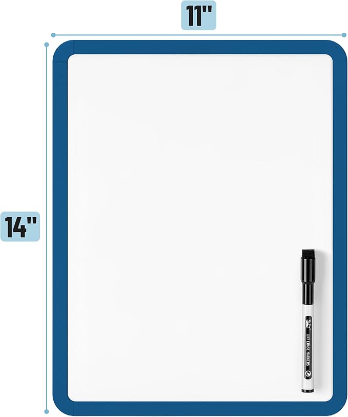 Mr. Pen- Dry Erase Board, 14” x 11” with a Black Dry Erase Marker, Dark Blue Frame, Small Mini White Board for Students, Fridge, Wall, Locker, Includes Double Sided Tapes