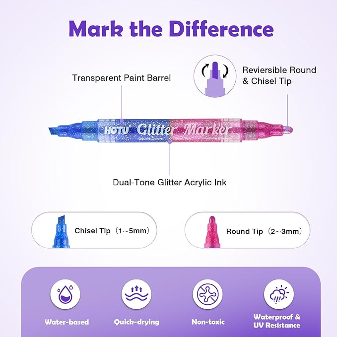 HOTU Glitter Markers Pens, 16 Colors Glitter Acrylic Paint Pens, Sparkly Metallic Dual-Tone Reversible Smooth Tips Shimmer Marker 8 Count for Coloring, Rock Painting, Wood, Fabric, DIY Craft