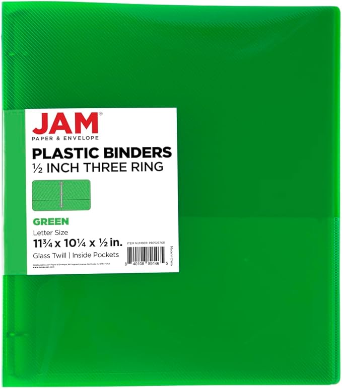 JAM PAPER Plastic 0.5 inch Binder - Green 3 Ring Binder - Sold Individually