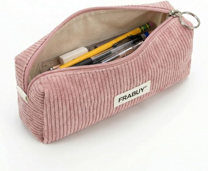 Soft Corduroy Pencil Case Pen Pouch Organizer, Small Stationery Bag | Cute pink pencil pouch, smooth zipper, daily cosmetics holder, compact organizer for school teen girls, women