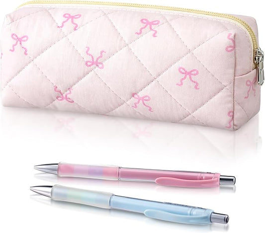 Sherr Coquette Bow Pencil Case Pink Bow Cute Pencil Pouch Soft Cotton Storage Bag Aesthetic Pattern Gift Makeup Pouch Cosmetic Travel Bag for Women