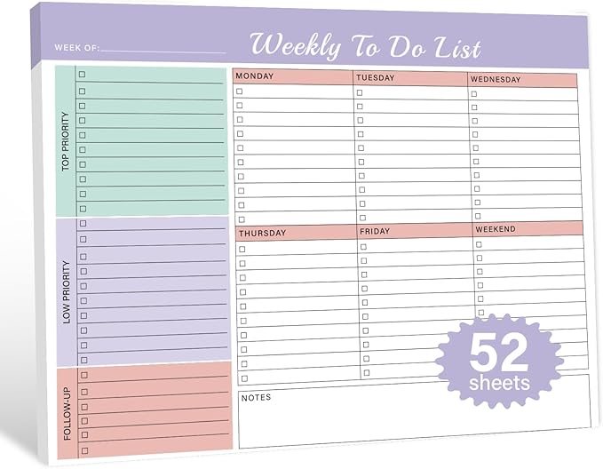 Weekly To Do List Notepad - 52 Undated Glue Bound Tear-Off Sheets (8.5"x11") for Desk Planning | Home, Work & School Organization Pad for Women & Men (Purple)