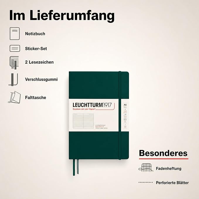 LEUCHTTURM1917 - Notebook Hardcover Medium A5-251 Numbered Pages for Writing and Journaling (Forest Green, Ruled)
