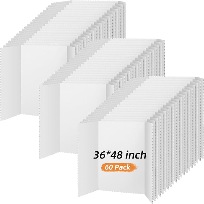 Ctosree 60 Pcs Tri Fold Poster Board Bulk, Science Fair Project Display Paperboard, Single Wall,Lightweight Presentation Board (36 * 48inch,White)