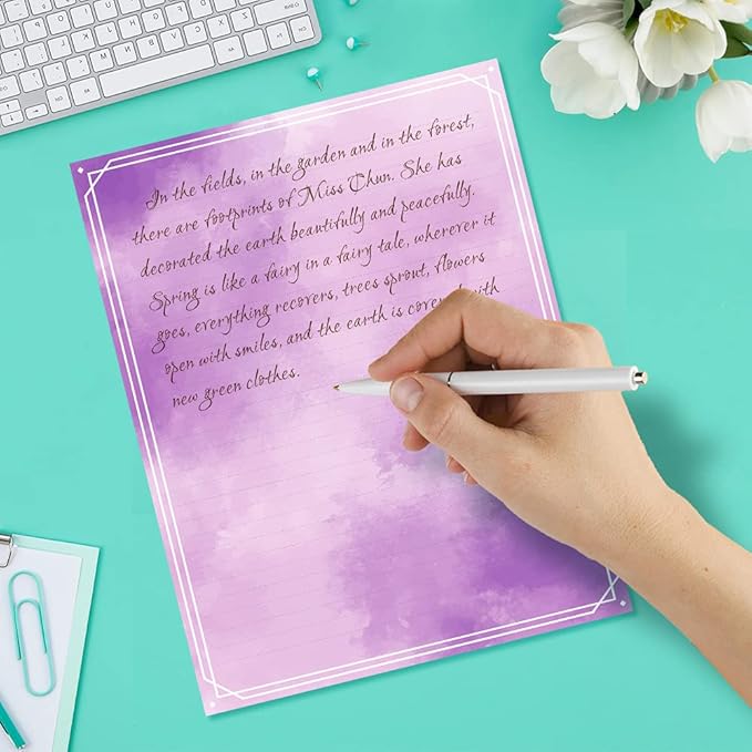 Anzon Mories Watercolor Stationary Writing Paper Envelope Set (2 Sides Colored, 1 Side Lined) 48 Sheets, 24 Pcs Envelopes, Letter Stationery 8.5 x 11 In Decorative Paper, 8 Designs Assorted