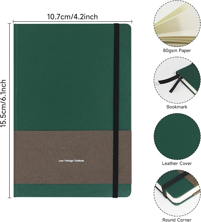 A6 Leather Hardcover Notebook- 3Pack 192 Pages Thick 100GSM Paper, Dotted/Grid/Blank, with Elastic Band & Inner Pocket for Writing, Sketching, Journaling