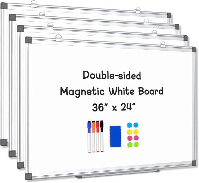 4 Pack Double-Sided Magnetic Whiteboard, 36" x 24" Dry Erase Board, Aluminum Frame White Board for Wall, Hanging Mounting White Board Dry Erase Marker Board for Office, School, Home