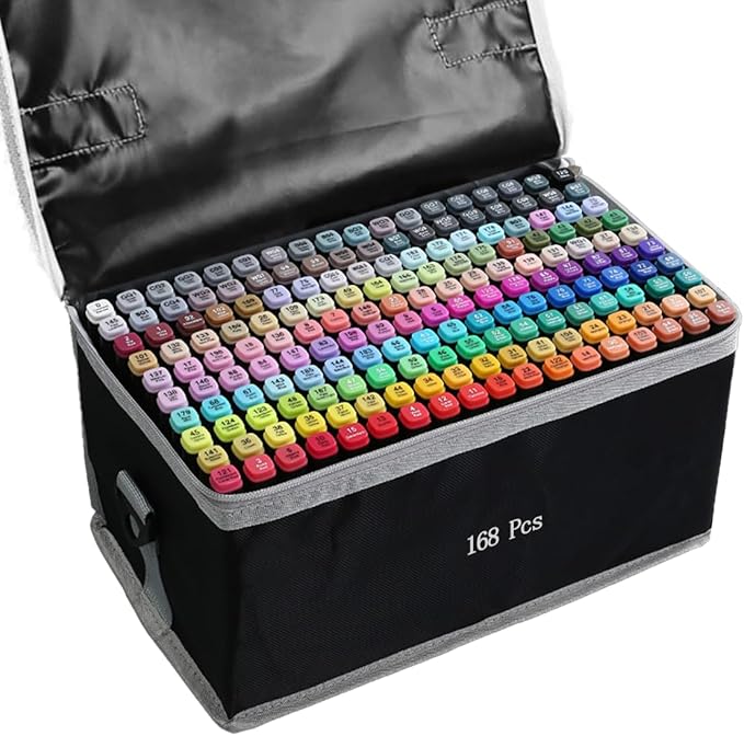 Alcohol Markers, 168 Colors Art Drawing Set for Kids Adults, Dual Tip Permanent Sketch Markers with Organizing Case