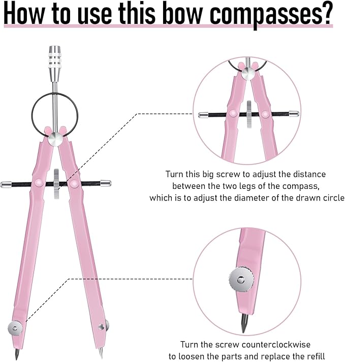 EBOOT Student Geometry Math Set, Metal Drawing Compass and 6 Inch Clear Swing Arm Protractors 180 Degree Math Protractor(Pink and Pink)