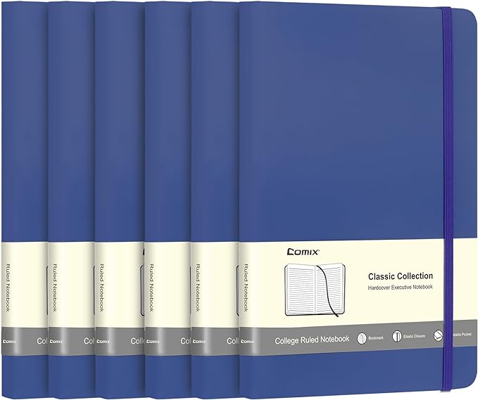 Comix 6 Pack Lined Journal Notebooks for Work, 240 Pages, 5.5"x8.3", Navy Blue, Hardcover, A5 Medium College Ruled, Journaling Notebooks for Notes-Taking, Fits for Office School Home