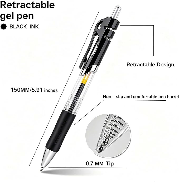 30 Pack Black Retractable Gel Pens, 0.7mm Fine Point Quick Dry Ink Pens, No Smudge No Bleed Through, Comfort Grip Smooth Writing Pens for School Office Home Supplies