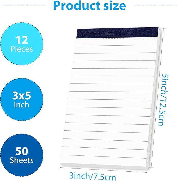 12 Pack Note Pads 3x5 Inch Small Lined Writing Memo Pads Refills Easy Tear Off no Rip Writing Pads with 50 Sheets Each Pad Narrow Ruled Mini Pocket Notepad for Daily Planning and Organization of Work
