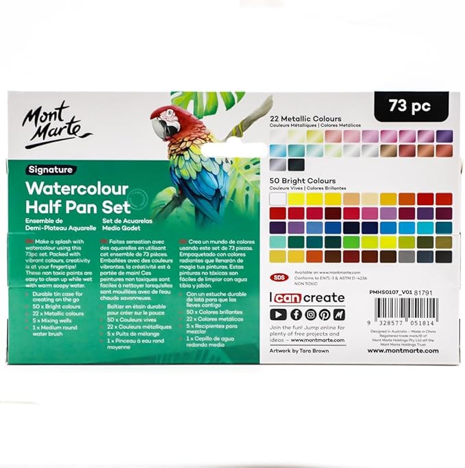 Mont Marte Watercolor Set Signature 73pcs, Including 50 Bright and 22 Metallic Colors with Translucent Finish, Ideal for Artists, Hobbyists and Adults