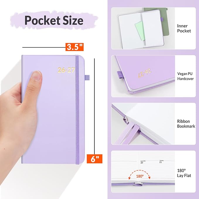 SUNEE 2026-2027 Pocket Weekly Planner for Purse 3.5" x 6" - 12 Month (July 2026 - June 2027) Academic Year Calendar, Pocket Size Planner, Hardcover, Note, 100 GSM Paper, Purple