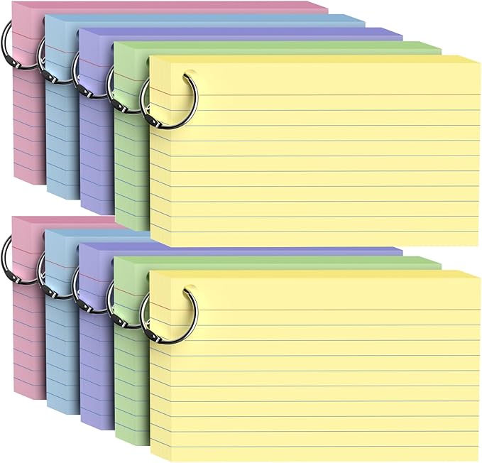 500Count Colored Index Cards 3x5 Inch with Ring, Heavy Weight Flash Cards, Note Taking Supplies, Portable Note Cards, Study Flashcards for Students & Teachers, Office Home School Study Supplies