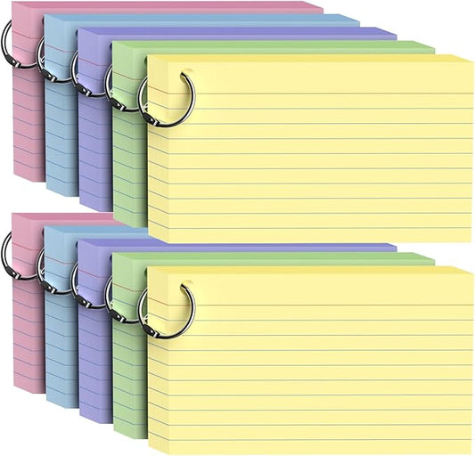500Count Colored Index Cards 3x5 Inch with Ring, Heavy Weight Flash Cards, Note Taking Supplies, Portable Note Cards, Study Flashcards for Students & Teachers, Office Home School Study Supplies
