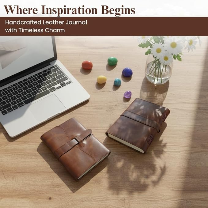 Leather Journal Writing Vintage Notebook 6x8 - Genuine Leather Bound Notebook Loop Strap Closure with 200 Pages 125 GSM Recycled Cotton Paper