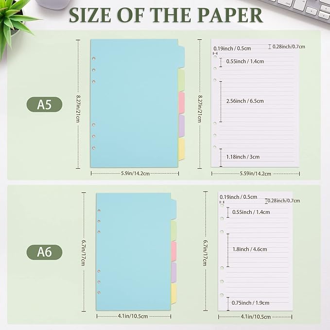A5 Refill Paper, Planner Inserts for A5 Binder Budget Planner Journals Notebook, 6 Ring Loose Leaf Lined Paper with Binder Dividers, 240 Pages (White)