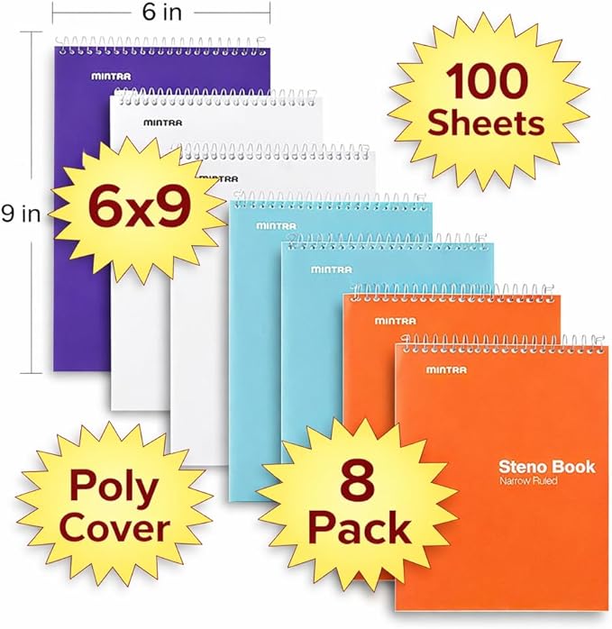 Mintra Office Steno Book - (BRIGHTS - Purp/Wht/Teal/Orange) - Poly Cover, 6in x 9in, 100 sheets, Narrow Ruled for Writing Notes for school, office, work, 6x9 steno notepad, top bound spiral notebook (8 PACK)