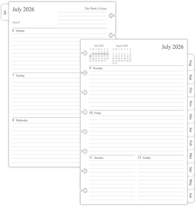 2026-2027 Weekly & Monthly Planner Refills for 8-Discbound Planners, July 2026 to June 2027, Junior Size, 5-1/2"x8-1/2"