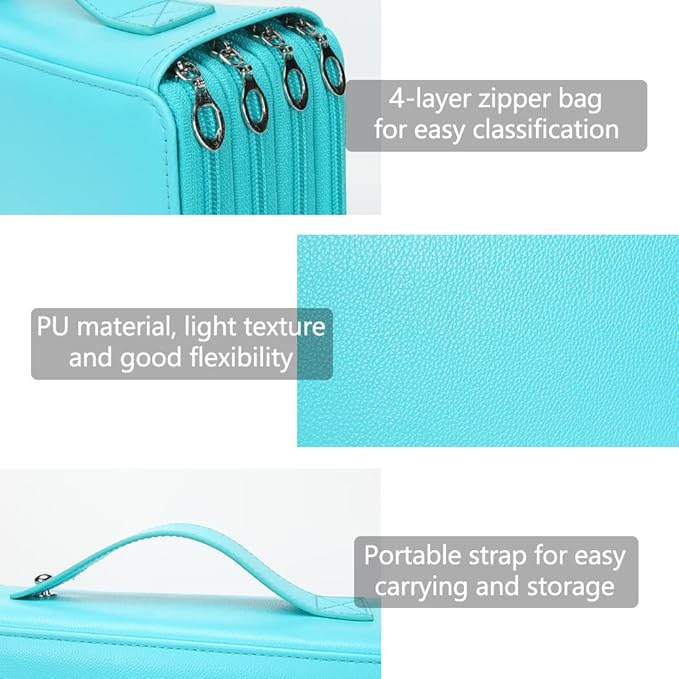 Vomgomfom 200 Slots Pencil Bag, 4-Layer Zipper Portable Art Supply Organizer, PU Leather Large Capacity Colored Pencil Case with Handle for 200 Watercolor Pens, Gel Pens (Green)