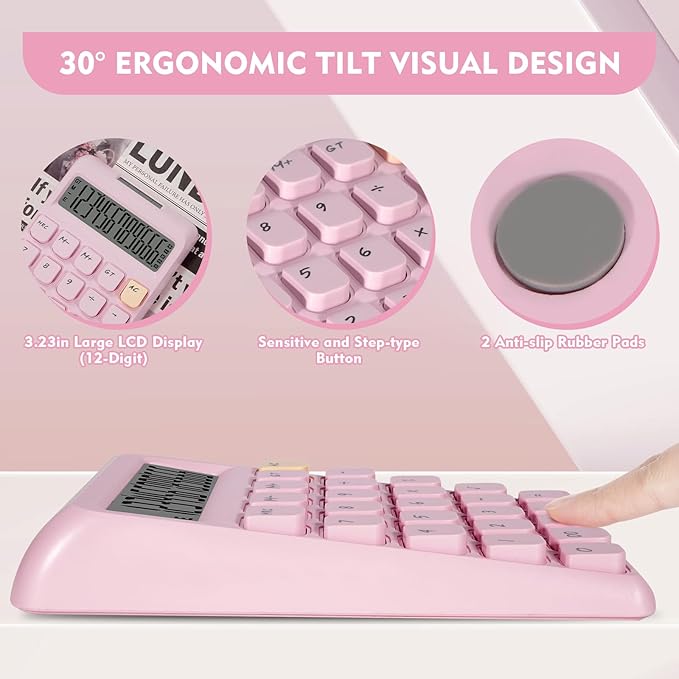 Cute Calculator, Calculators Desktop, Pink Calculator Big Buttons, Solar and Battery Dual Power, 12-Digits Large LCD Display, Desk Calculators for Office Home School Basic Business (Pink)