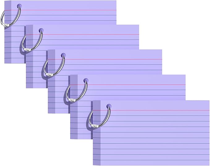 Index Cards 3x5 Inches, 250 PCS, Purple Flash Cards With Ring, Punched Lined Study Card Ruled Flashcards Notecards, Ruled Front And Blank Back, Note Card for School, College And Home