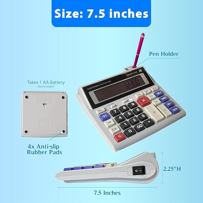 Lily's Home 12-Digit Large Desktop Calculator with Pen Holder, Dual Power (Solar & Battery) - Big Button 5 Inch LCD Display for Office, School, Home, Accounting, Taxes, and Back to School Supplies