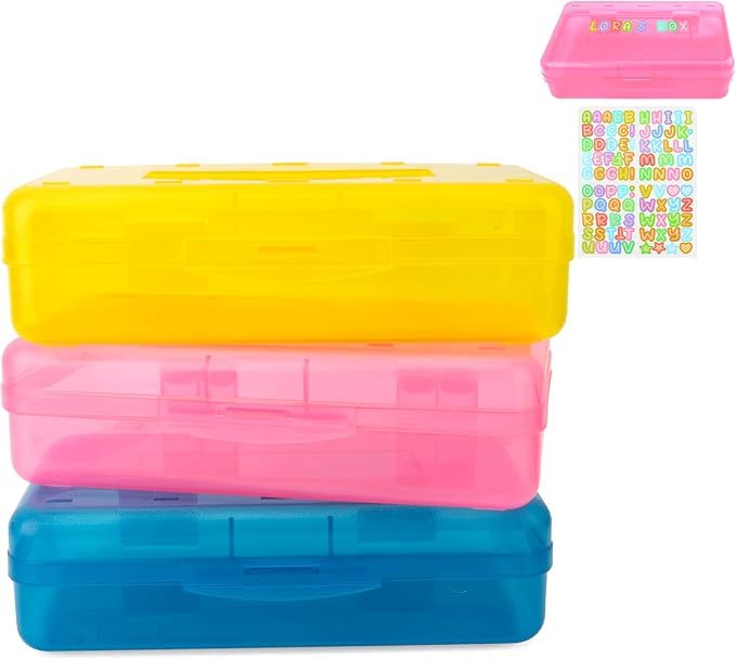 Blue Large Plastic Pencil Box 3 Pack with Aesthetic Design and Hard Case, Comes with Stickers in Pink and Clear Colors
