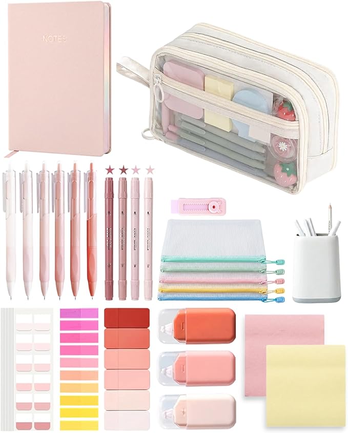 41Pcs Aesthetic Pink Office Supplies Set, All-in-One 5 Compartments Desk Organizer Kit with Large Capacity Pen Pouch, A5 Notebook for Women & Journaling (beige)
