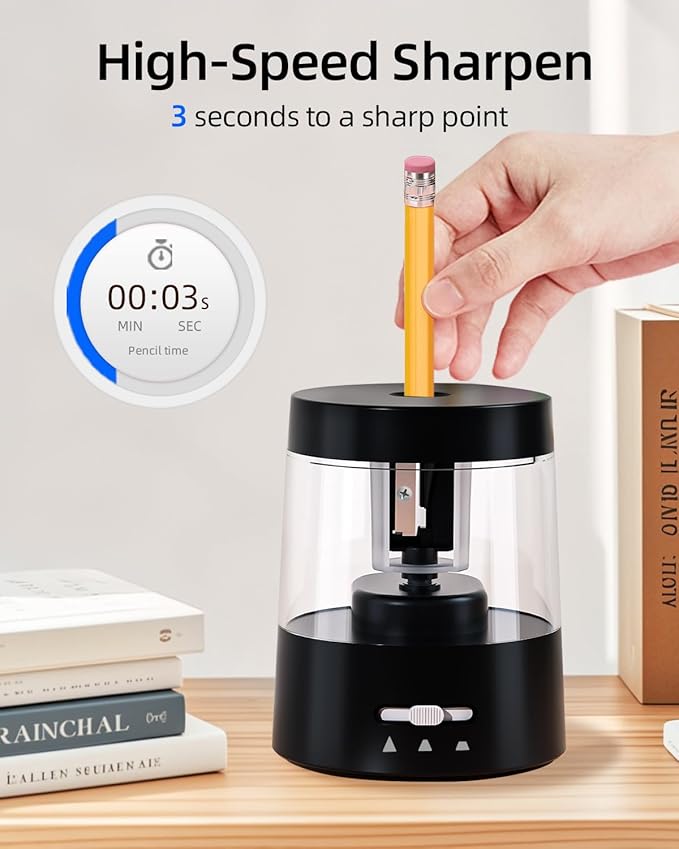 ZMOL Electric Pencil Sharpener for Kids - 3 Modes, Battery Powered & USB, Tungsten Steel, Fast Sharpening for Colored Pencil No.2, Classroom Office Home, 6-8mm, Black