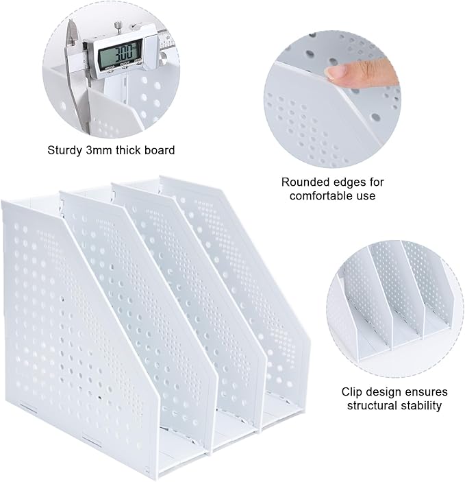 FRETONBA Collapsible Magazine File Holder with 3 Vertical Compartments Foldable Binder Holder for Desk Binder Storage Organizer Plastic Magazine Holders for Shelf, Light Gray