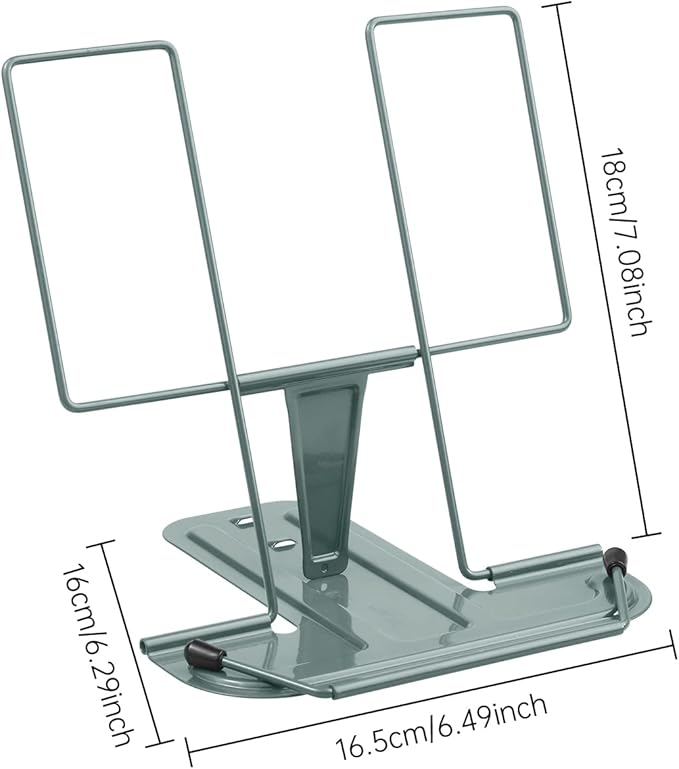 Metal Book Stand for Desk, Adjustable Reading Rest Book Holder, Portable Cookbook Documents Holder, Sturdy Typing Stand for Recipes Textbooks Tablet Music Books with Page Clips (Morandi Green)