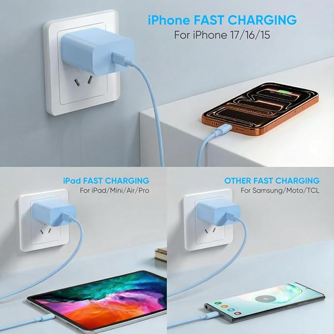 iPhone 17 16 15 Charger Fast Charging 6FT+10FT Cable, 20W USB C Charger, USBC Wall Charger for i Phone 17 Air 16 16e/16 Pro/16 Pro Max/15/15 Plus/15 Pro/15 Pro Max,i Phone iPad Pro/Mini (Blue)