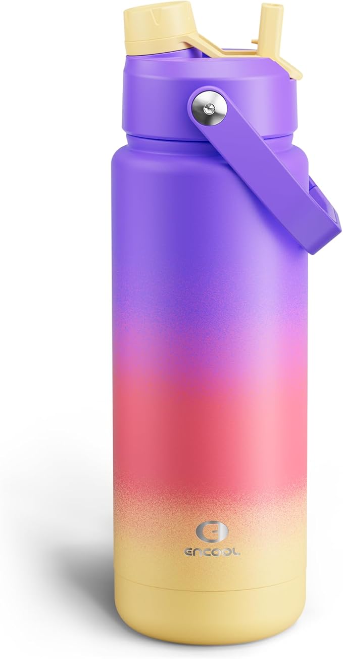 ENCOOL Insulated Water Bottle with Straw Stainless Steel Water Bottle, Leak-Proof, BPA-Free, Double Wall Vacuum Keeps Cold for 24 Hours for Sports, Travel, School (32 oz, Peach Dream)
