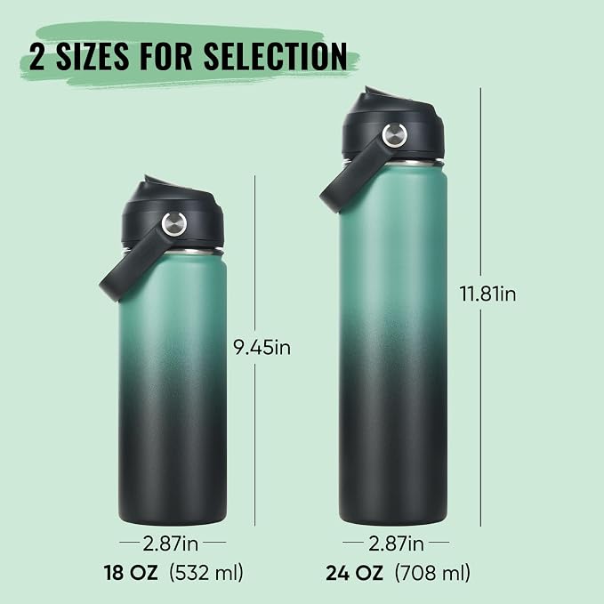 Fijinhom 24oz Insulated Stainless Steel Water Bottle, Wide Mouth Double Wall Vacuum, Silicone Straw, Sweat & Leak Proof, BPA Free Insulated Water Flask for Travel, Keep Cold 24h Hot 12h, Green & Black