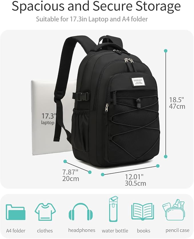 Black Backpack for Teens, Girls School Bookbag Aesthetic 17.3in Laptop Backpack for Commuter Women Students Middle High School, Black