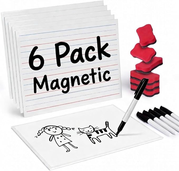 GAMENOTE 6 Pack Magnetic Dry Erase Lap Boards for Kids, 9x12 Double-Sided Lined and Blank Whiteboards with Markers & Erasers, Small Classroom and Homeschool Writing Board