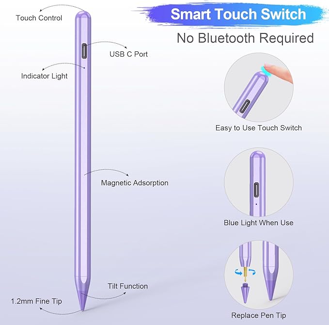 Stylus Pen for iPad A16/10th/9th Generation, 10Mins Fast Charge for Apple Pencil&iPad Pen, Compatible with iPad A16/10th/9th/8th/7th/6th/Pro 13''11''M4/12.9 inch/Air 11'' 13'' M3/M2/Mini 6/5, Purple