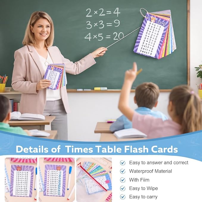 31 Pcs Multiplication Flash Cards Times Table Flash Cards, Math Problems from Easy to Hard, Multiplication Chart with 2 Dry Erase Markers 3 Rings Math Flashcards