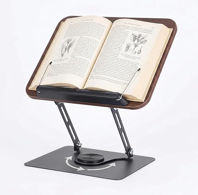 Premium Adjustable Bookstand for Desk - 360° Swivel Wooden Book Holder for Reading Hands Free, Heavy Duty Carbon Steel Textbook Stand, Portable Cookbook Holder for Kitchen Counter, Bible, Laptop