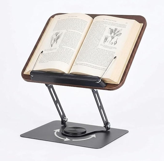 Premium Adjustable Bookstand for Desk - 360° Swivel Wooden Book Holder for Reading Hands Free, Heavy Duty Carbon Steel Textbook Stand, Portable Cookbook Holder for Kitchen Counter, Bible, Laptop