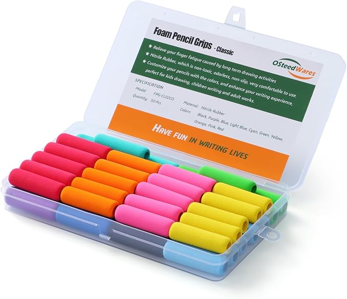 50 Pcs Pencil Grips for Kids Handwriting, Classic Pencil Grippers for Kids and Adults, Comfort Pencil Holder for Writing Aid, Foam Finger Grips, Mechanical Pencil Cushion 10 Colors