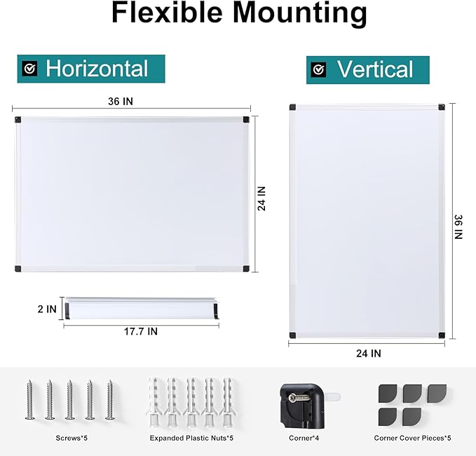 OLIXIS White Board, Dry Erase Board for Wall 36" x 24", Whiteboard with 1 Dry Eraser & 2 Multicolor Markers & 4 Magnetic Pins, Aluminium Frame for Home, School, Office, White