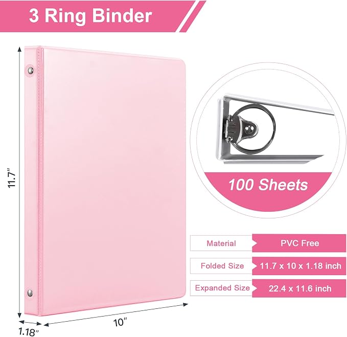 SUIN 1/2-Inch 3 Ring Binders with 2 Interior Pockets, Basic 0.5'' Binders Holds 100 Sheets Letter Size, Office School Home, 6 Pack