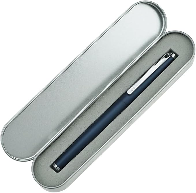 HongDian 525 Blue Metal Fountain Pen Bent Nib, Calligraphy Fude Pen 0.6mm with Converter and Metal Box Set